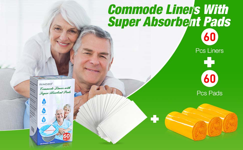 Commode Liners with Super Absorbent Pads 60 Count Bedside