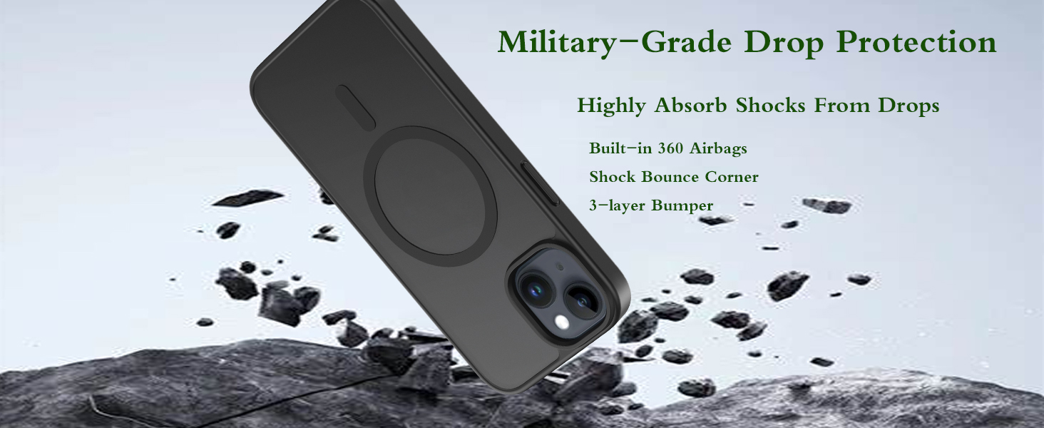 Text reads 'Military-Grade Drop Protection'. Infographic showing phone case durability with multiple impact scenes and shockwave illustrations on gray background.