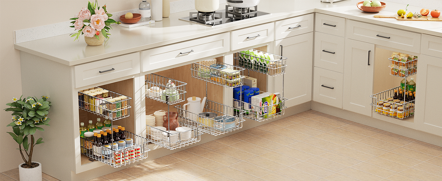 nder Sink Slide Out Storage Shelf with 2 Tier Sliding Wire Drawer