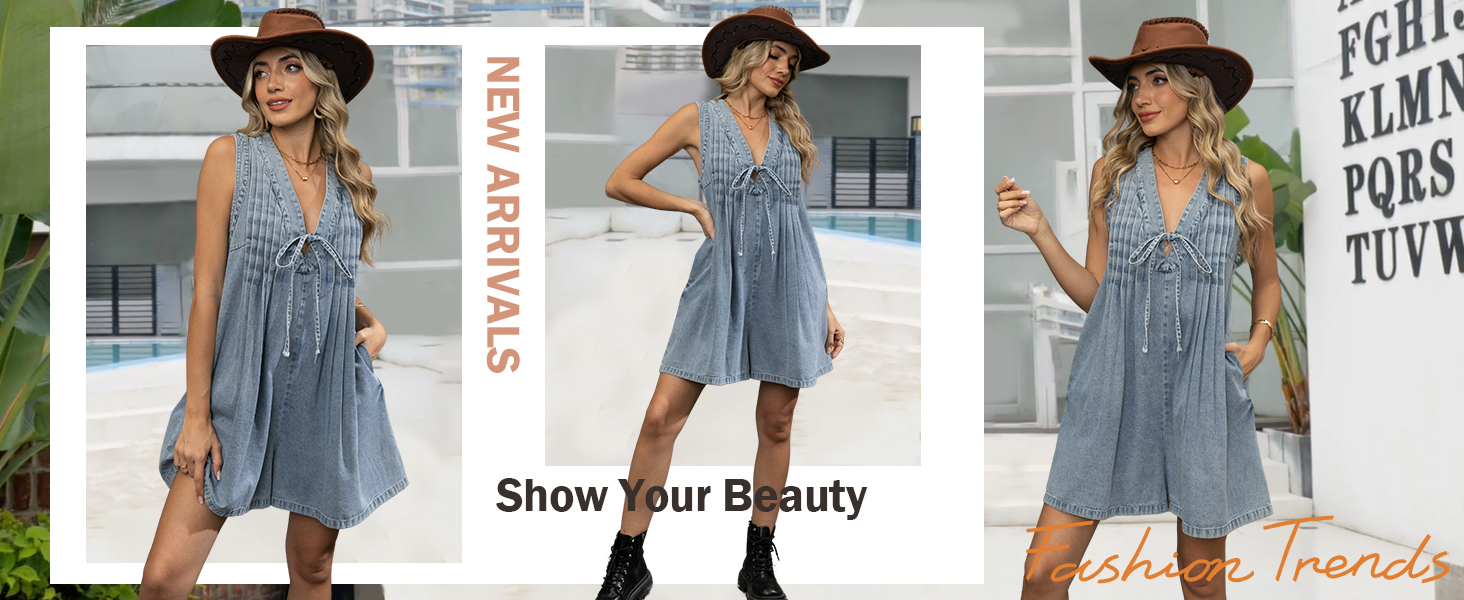 Sleeveless V Neck Shorts Denim Romper