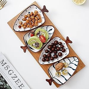 Ceramic Pinch Bowl with Bamboo Tray - Decorative Fish Shaped Chips and Dip Serving Dish Platters