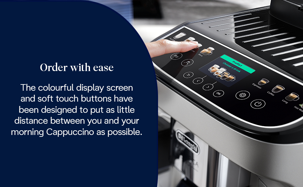 Text reads: 'Order with ease', 'The colourful display screen'. Series of digital interface screens showing coffee machine controls and ordering systems.