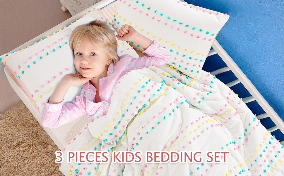 BALAPET Pom Poms Kids Bedding Comforter Sets, 3 Piece White