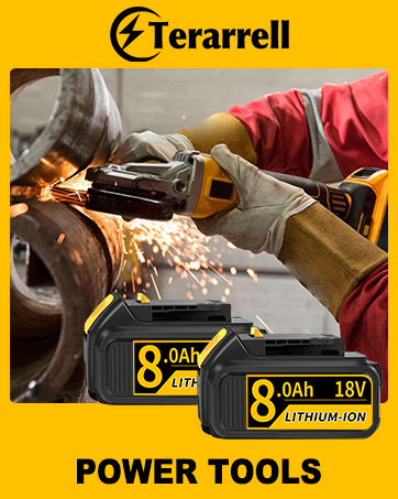 Power tool advertisement showing hands operating an angle grinder on metal, with sparks flying. Two 18V 8.0Ah lithium-ion batteries displayed in foreground.