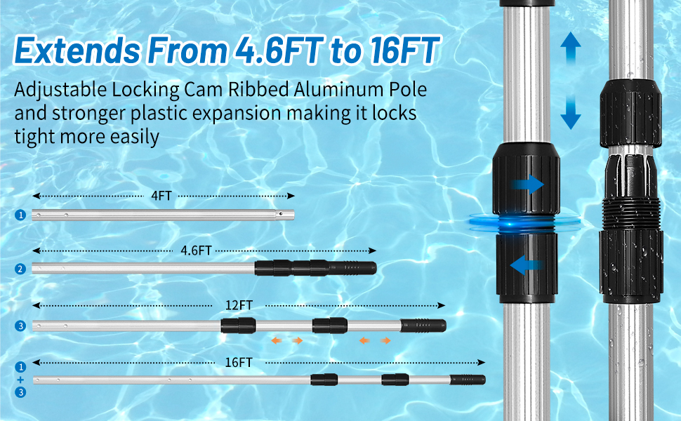 Jowlawn Swimming Pool Pole Telescopic 16ft 3 Section Extendable Aluminium Pool