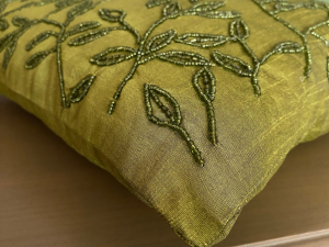 Decorative floral tropical green beaded art silk throw pillow cover