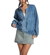 D-Sun Women Denim Jacket Casual Crewneck Long Sleeves Cropped Zip Collarless Jean Shirt Jacket wi...