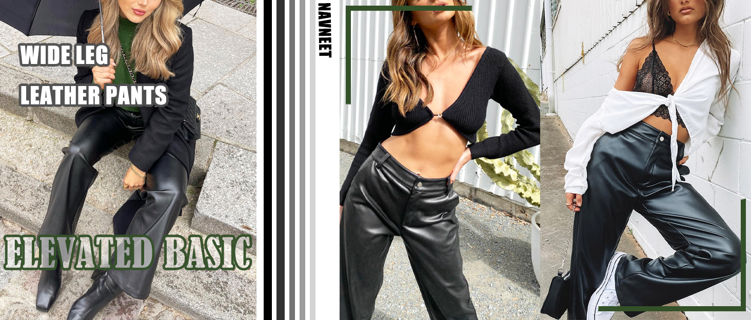 Women Faux Leather Pants PU High Waisted Straight Wide Leg Pants Trousers with Pockets