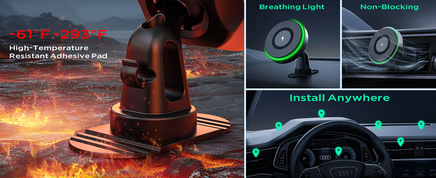 High-temperature resistant adhesive pad with green illuminated device for car dashboard installation. Multiple panels show various mounting options and non-blocking design.