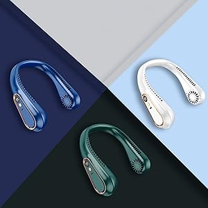 All 3 different color portable neck fans wiht different color backgorund