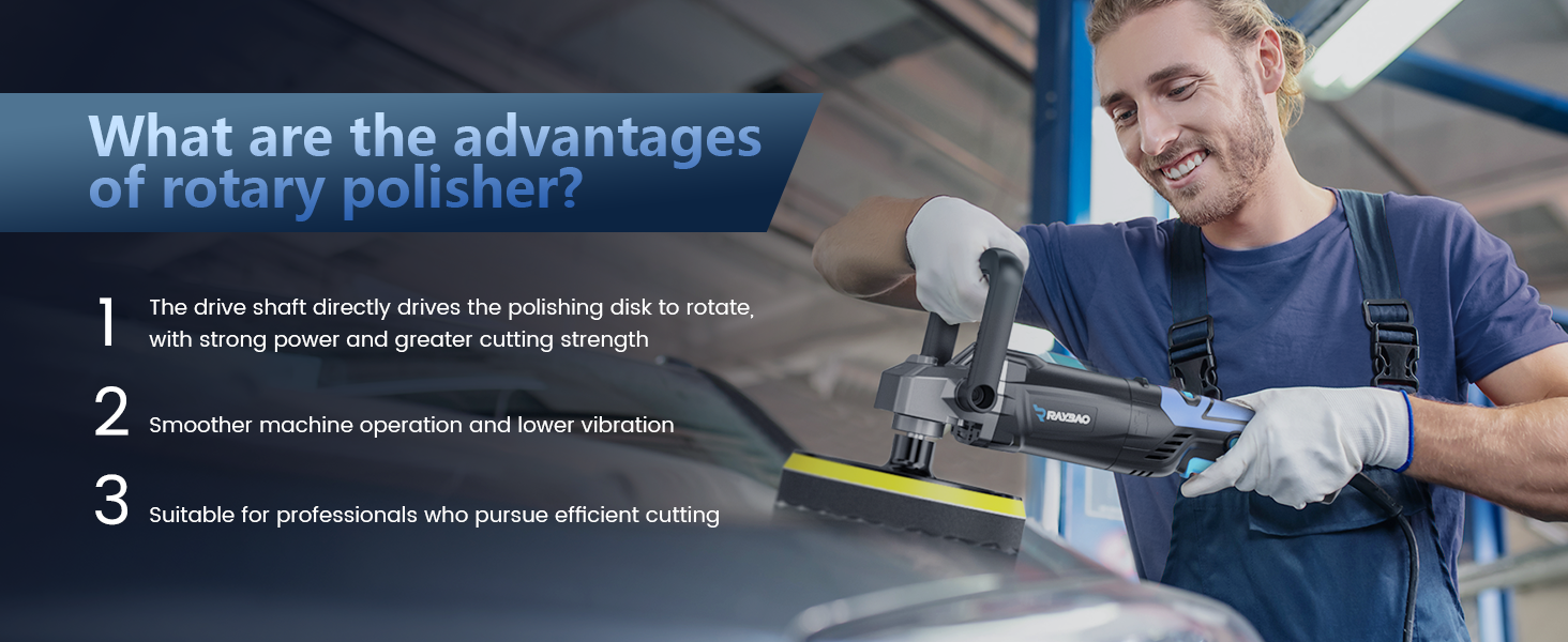 Worker demonstrating a handheld rotary polisher in an industrial setting. Image lists three advantages of rotary polishers, including polishing ability, versatility, and efficiency for professionals.
