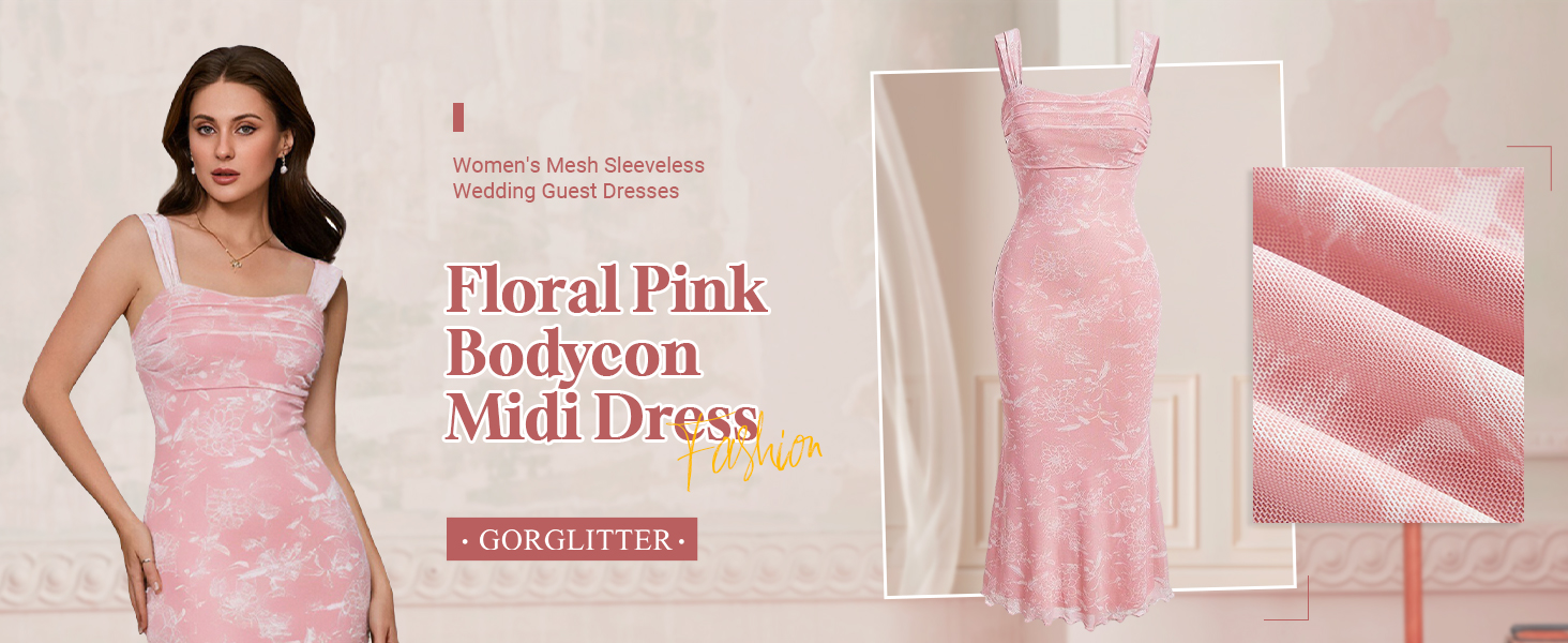 Women's Floral Pink Ruched Bodycon Midi Dress