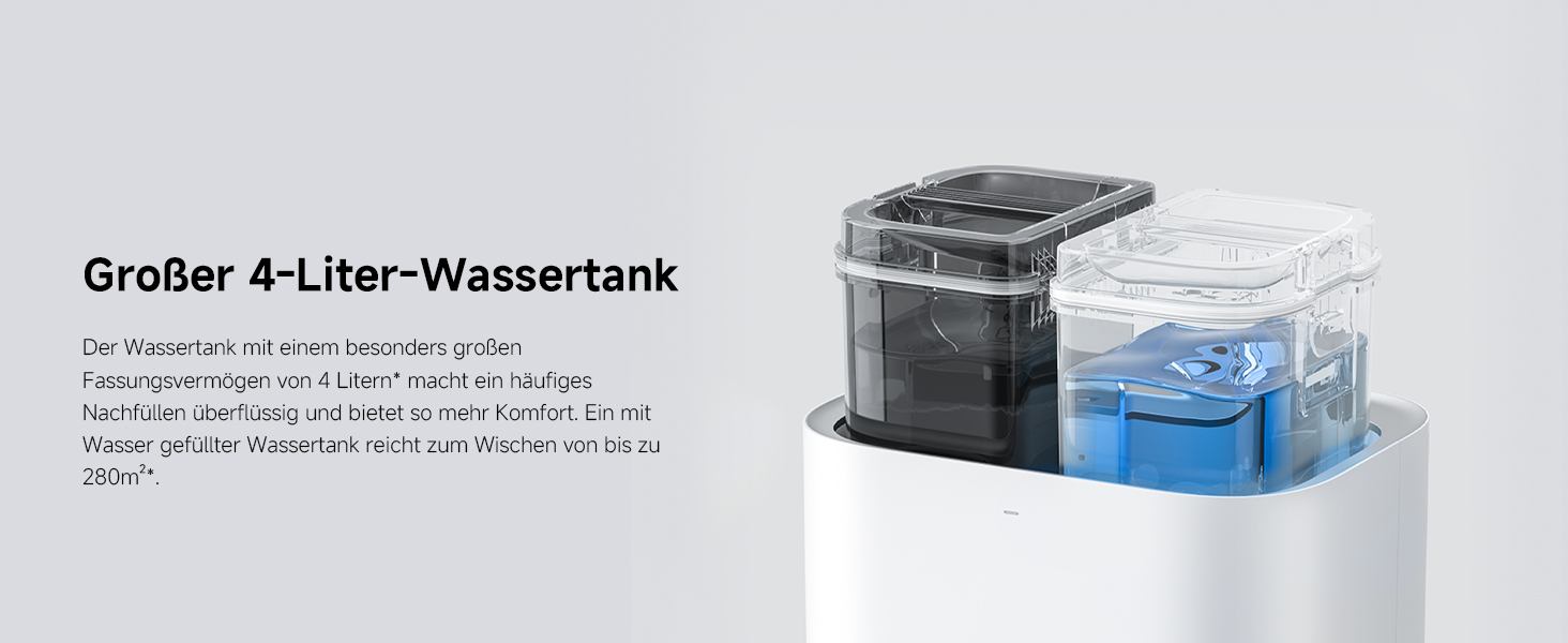 Der Text lautet „Großer 4-Liter-Wassertank“. Das Produktbild zeigt eine Wassertankkomponente mit transparentem blauem Bereich und schwarzem Gehäuse.