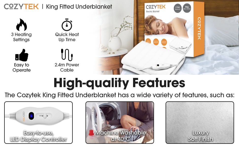 Cozytek Electric Blanket King Size 165 x 137cm, Soft Polyester Electric Blanket Fitted