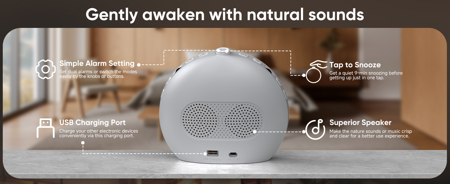 Spherical alarm clock with labeled features: Simple Alarm Setting, Tap to Snooze, USB Charging Port, and Superior Speaker. Text indicates it gently awakens with natural sounds.