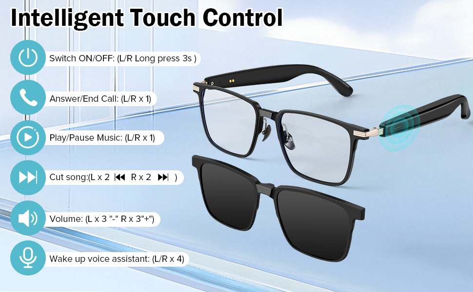 Text reads 'Intelligent Touch Control'. Smart glasses interface showing controls for Switch ON/OFF, Volume, Call, PlayPhone Music, and Cut song functions with blue icons on white background.