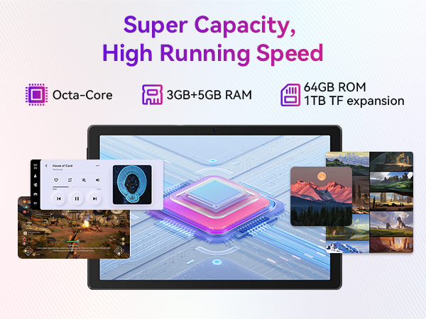 Tablet device with high-capacity specs: Octa-Core processor, 3GB+5GB RAM, 64GB ROM, 1TB expansion. Multiple app windows displayed on screen.