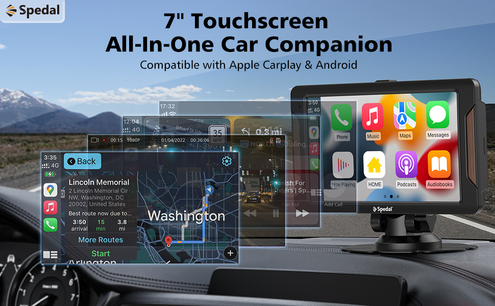 Spedal Car Stereo with Carplay & Android Auto, Portable 7