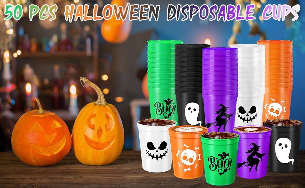 Erweicet 50 PCS Halloween Plastic Party Cups 16 oz Colorful Halloween Disposable