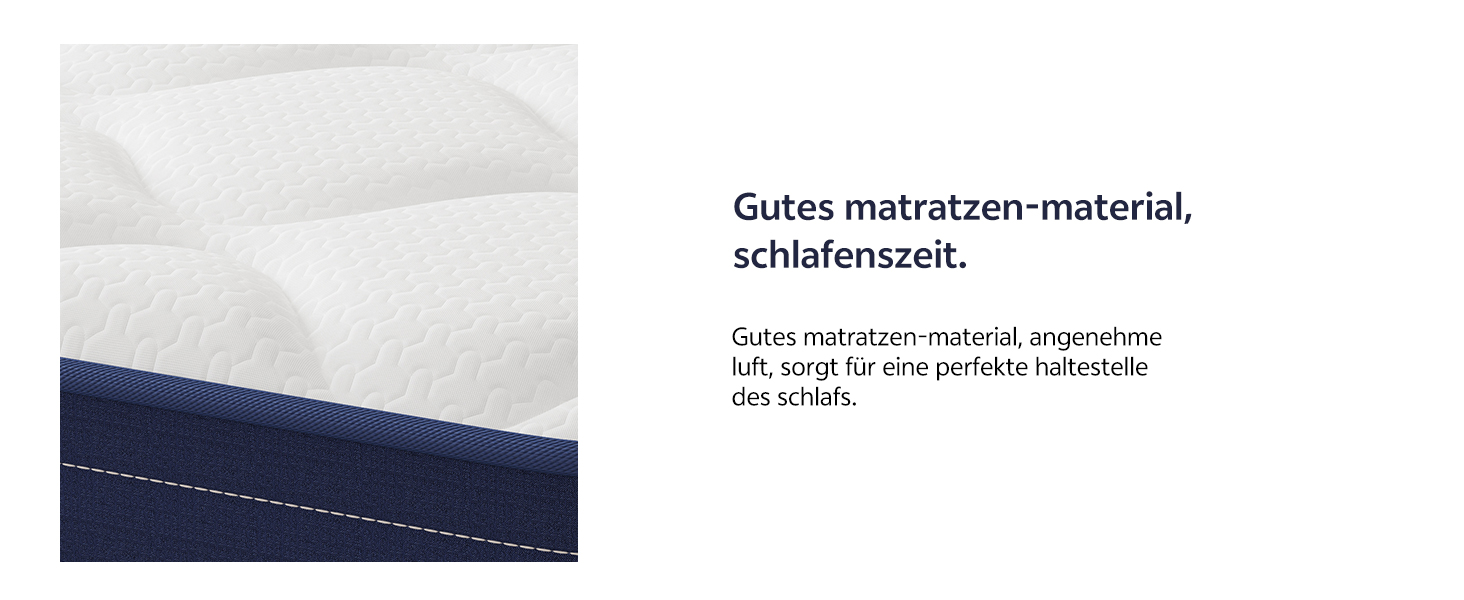 Nahaufnahme des Matratzenmaterials mit weißer strukturierter Oberfläche und dunkelblauem Rand. Der Text lautet „Gutes Matratzenmaterial