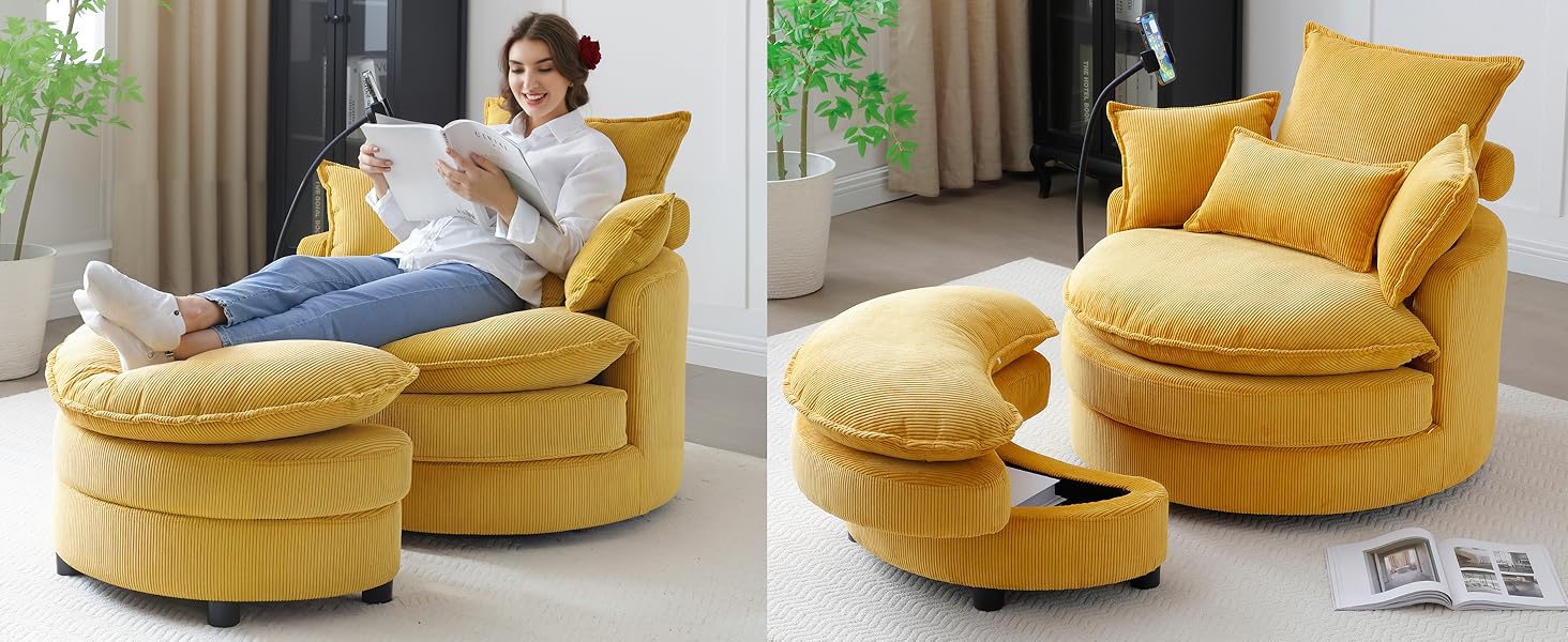 Oversized Swivel Accent Chair Round Barrel Chair with Storage Ottoman,Corduroy,yellow
