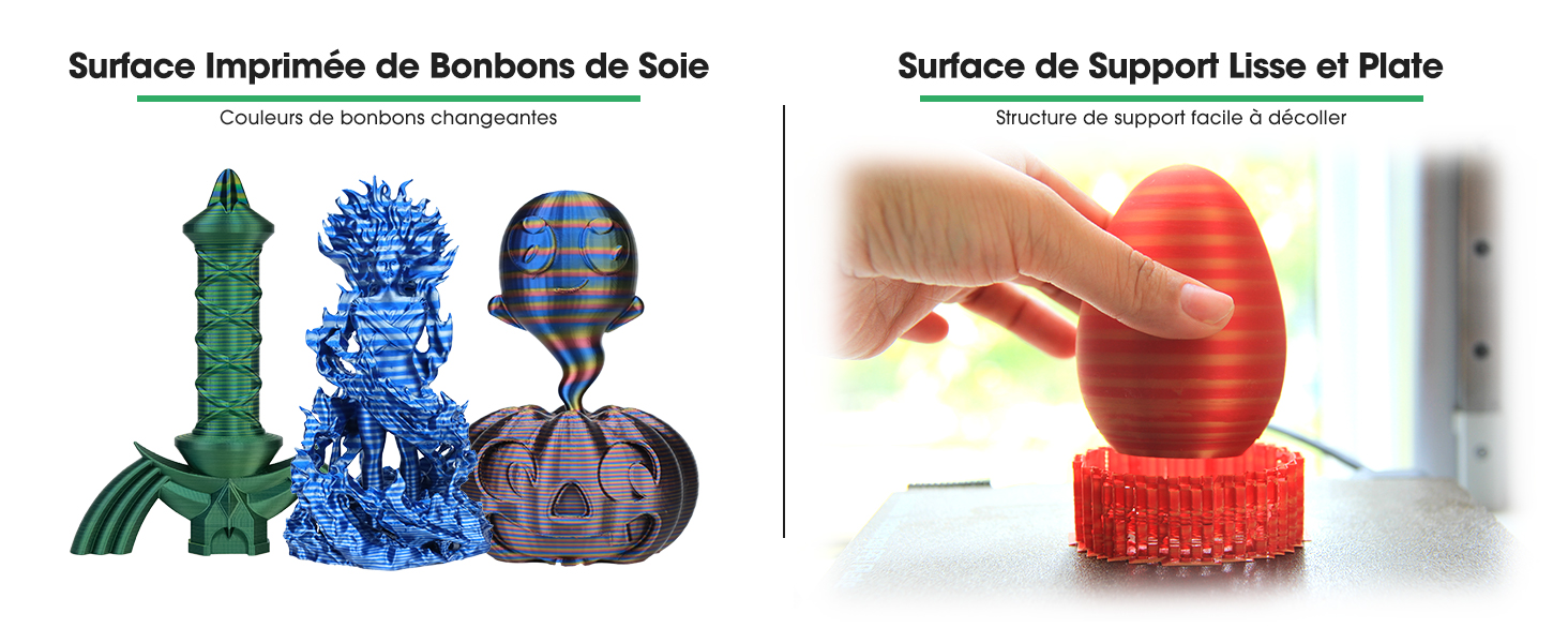 Structures imprimées en 3D affichées en vert, bleu et violet, avec un texte en français décrivant les textures des surfaces imprimées et les matériaux de support.