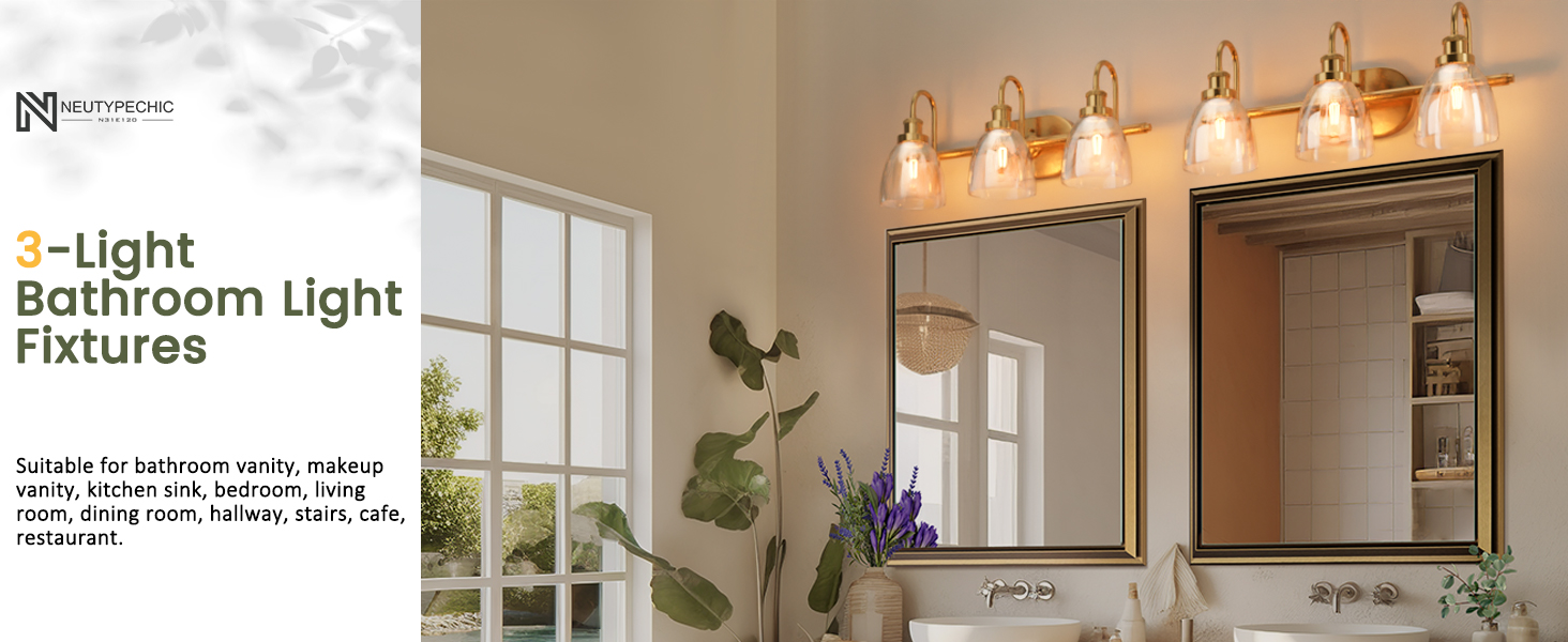 NeuType 2Light Brushed Gold Bathroom Light Fixtures, Bathroom Light