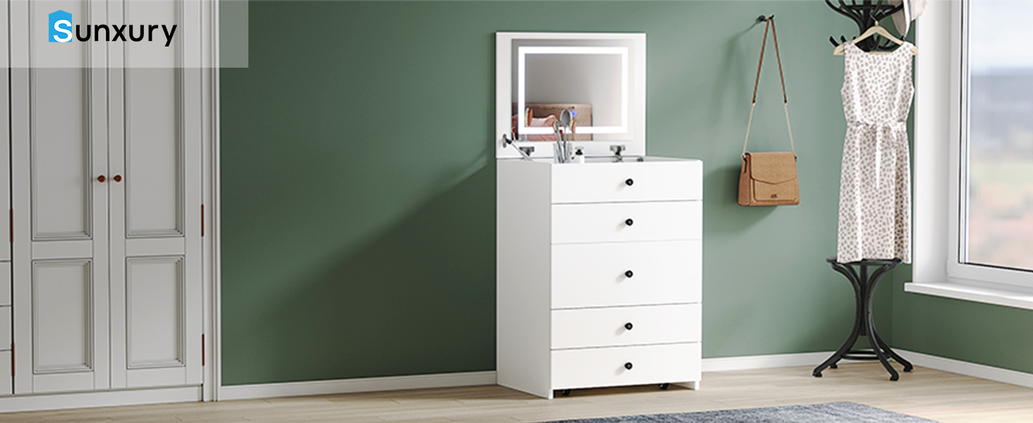 SUNXURY 3 in 1 Dressing Table with LED Lighting and Folding Mirror with