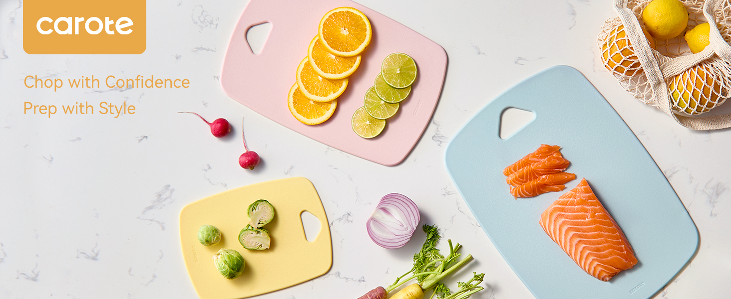 Stylish food prep with colorful Carote cutting boards on marble counter