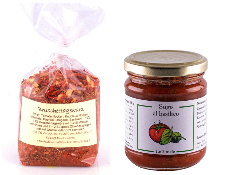 Zwei Lebensmittelbehälter: eine Plastiktüte mit roten getrockneten Zutaten und ein Glasgefäß mit Tomatensauce mit der Aufschrift „Al Basilico