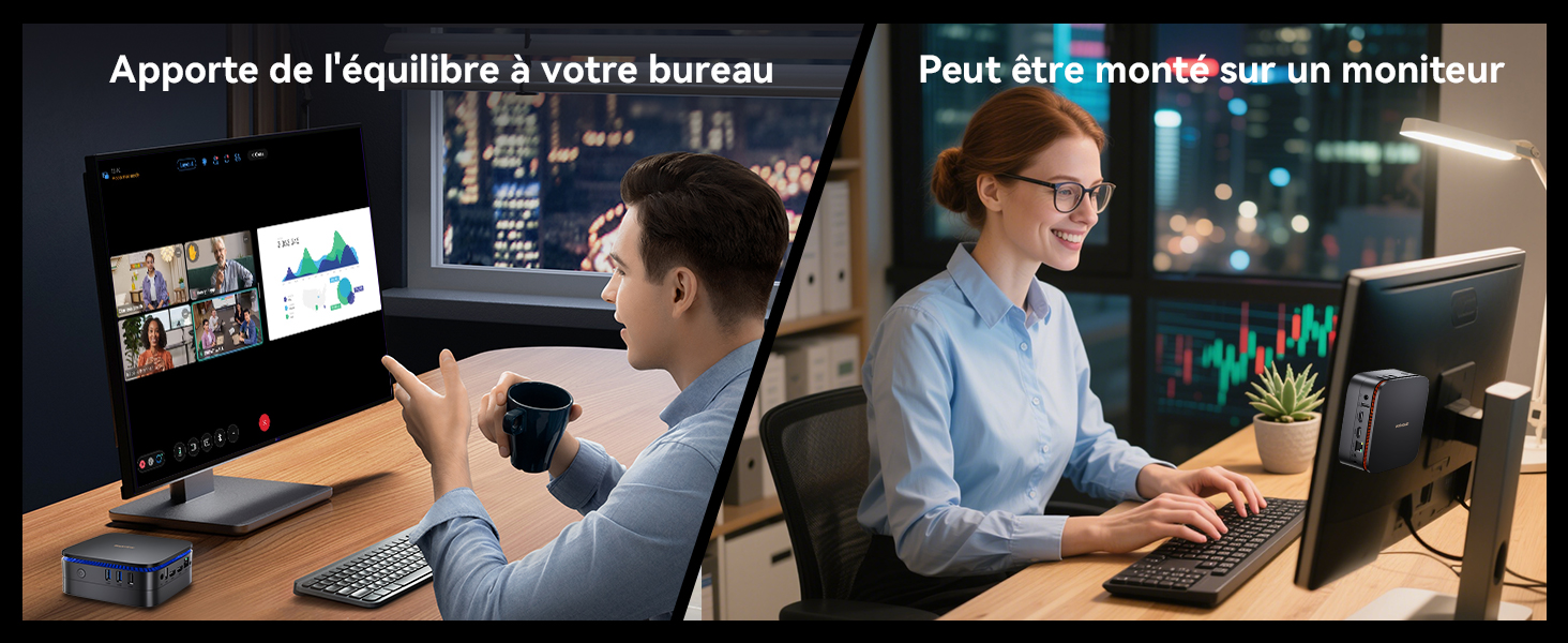Image fractionnée des employés de bureau à l'aide de configurations multi-écrans. À gauche : personne avec écran incurvé affichant un appel vidéo et des graphiques. À droite : femme travaillant la nuit avec deux écrans.