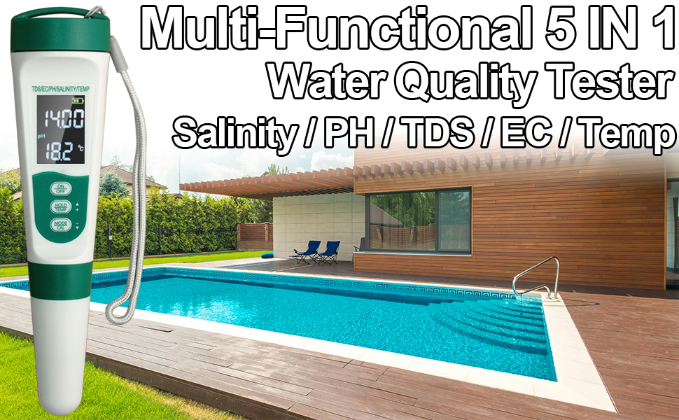 Display PH Meter Tester Pen, 5 in 1,  PH,TDS,EC,Salt,Temp Tester