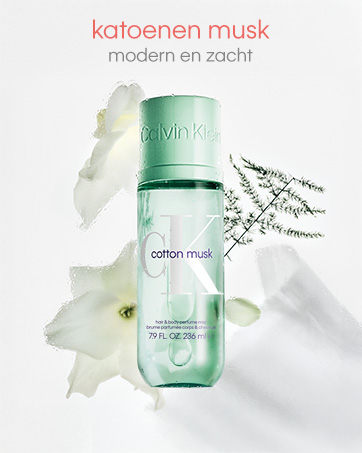 Il testo recita «katoenen musk modern en zacht». Foto del prodotto che mostrano un flacone cosmetico in vetro colorato di verde dal design minimalista su sfondo bianco con elementi a foglia.