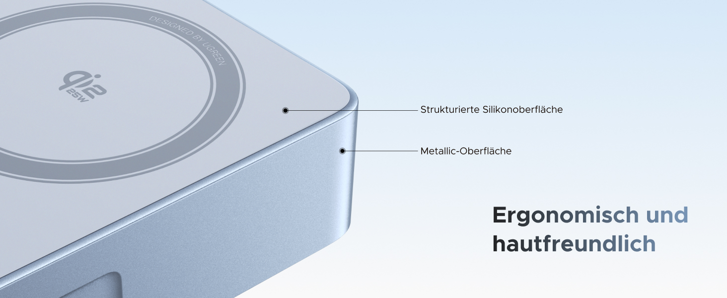 Der Text lautet „Ergonomisch und hautfreundlich“ und zeigt ein technisches Diagramm eines Geräts mit beschrifteten Komponenten und Abmessungen.
