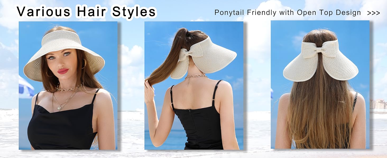 womens beach straw sun hats ponytail hole wide brim summer visor foldable hat uv Protection 