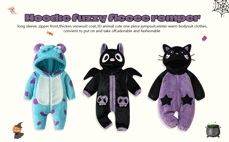 Selection of baby/toddler Halloween-themed onesies and rompers featuring bat wing designs, cat faces, and spooky motifs in colors of light blue, black, and purple. Multiple styles shown side by side.