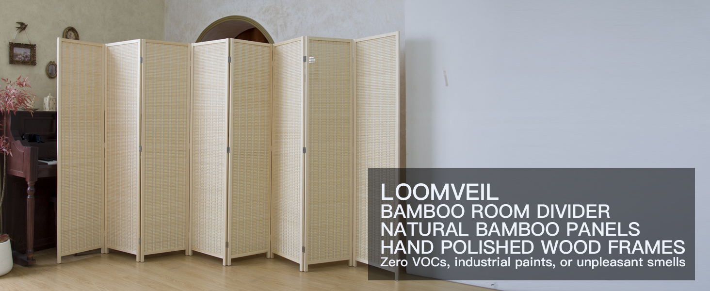 loomveil 8 panel room divider bamboo in beige