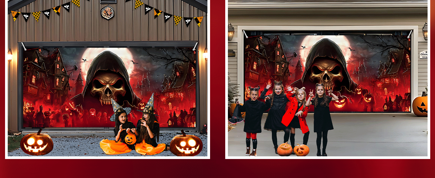 Black & Red Garage Door Cover Ghost Castle Pumpkin Halloween Large Grim Reaper Banner 