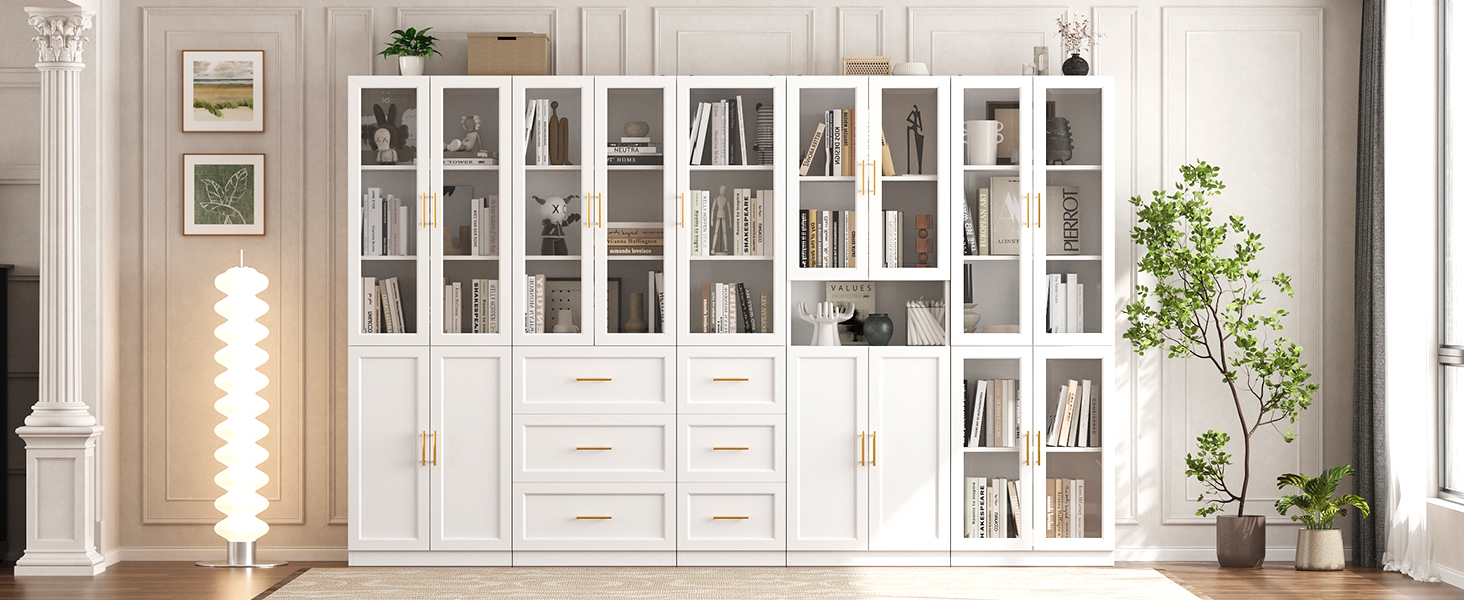 VOWNER Bookcase with Glass Doors & Drawers, 5 Tier