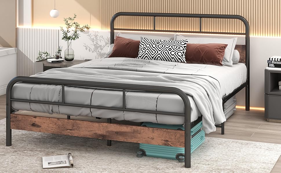 Diolong Double Bed Frame with Wooden Headboard Full Bed Frame with