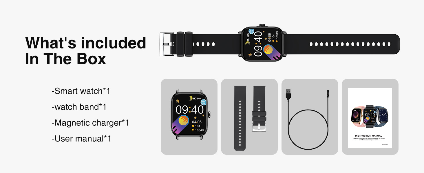 Smart watch product contents display showing the watch, band, magnetic charger, and user manual with detailed component images.