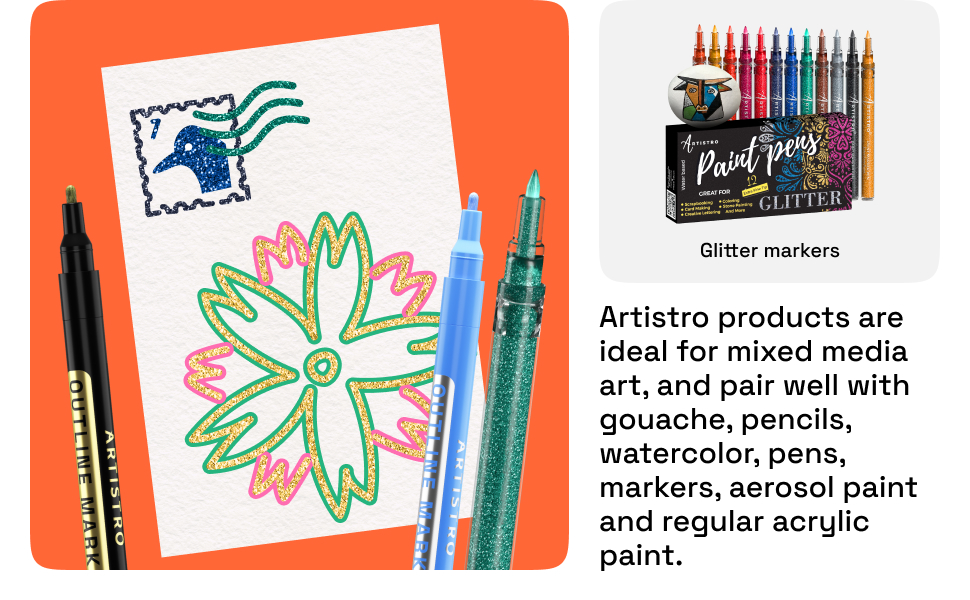 ARTISTRO 16 Outline Markers, outline Pens, 5 Cards, Gold and Silver