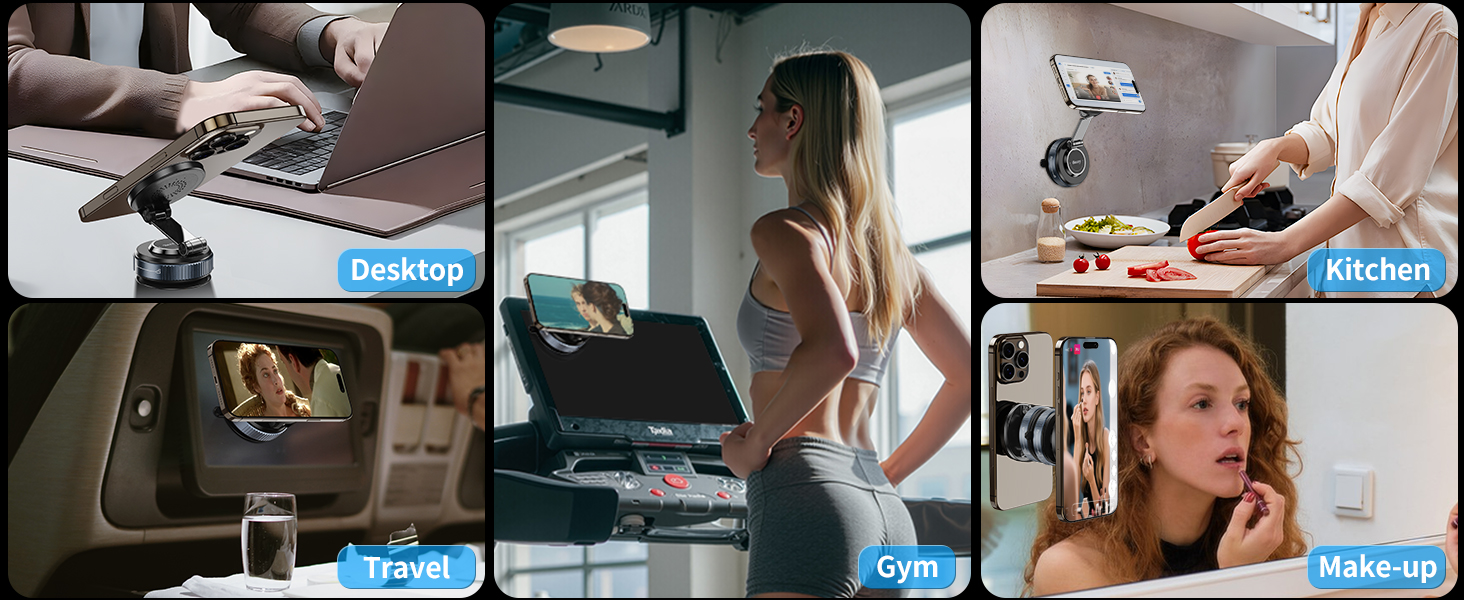 Five-panel collage showing people using wireless earbuds in different daily scenarios - driving, exercising, working at desk, and relaxing.