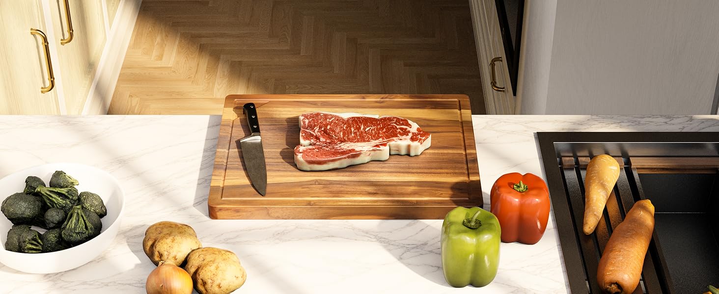 cutting board with meat and vegetables on top