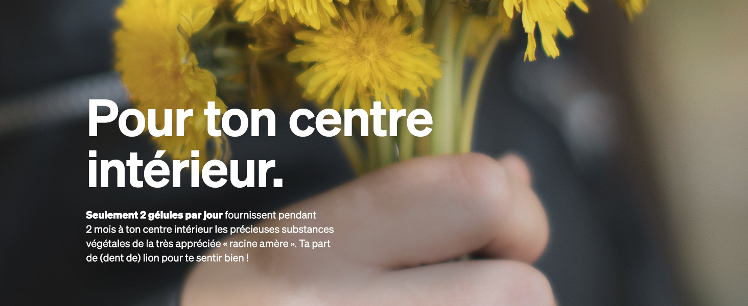 Gros plan d'une main tenant des fleurs de pissenlit jaunes sur un fond flou. Superposition de texte en français sur le centre intérieur