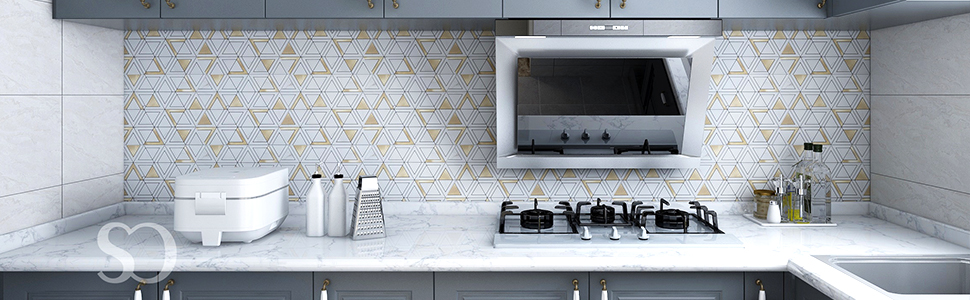 Soulscrafts Peel and Stick Tile Backsplash PVC White Marble Stone with Stainless Steel Triangle Tile