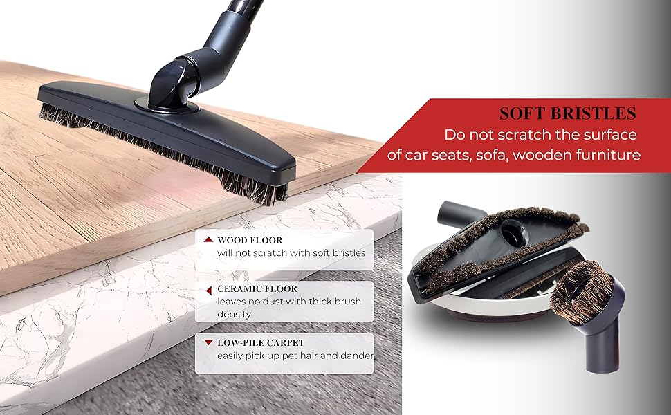 The horsehair bristles are soft and gentle on the surfaces