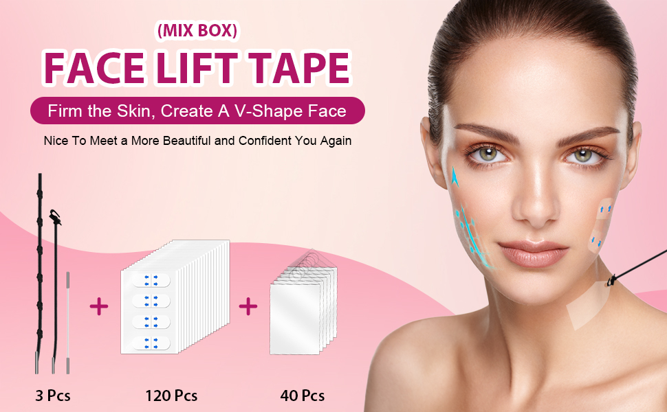 شريط شد الوجه غير المرئي من هيبايد، 160 قطعة غير مرئية: شريط رفع الوجه غير المرئي مع خيط لشريط شد الوجه على شكل حرف V للرقبة والجبهة والوجه (مزيج من 120+40 قطعة) 17 شريط شد الوجه