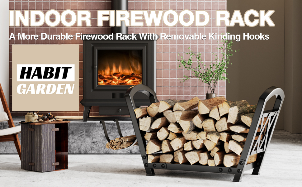 Habit Garden Indoor Firewood Rack with Kindling Wood Hooks, Steel Log