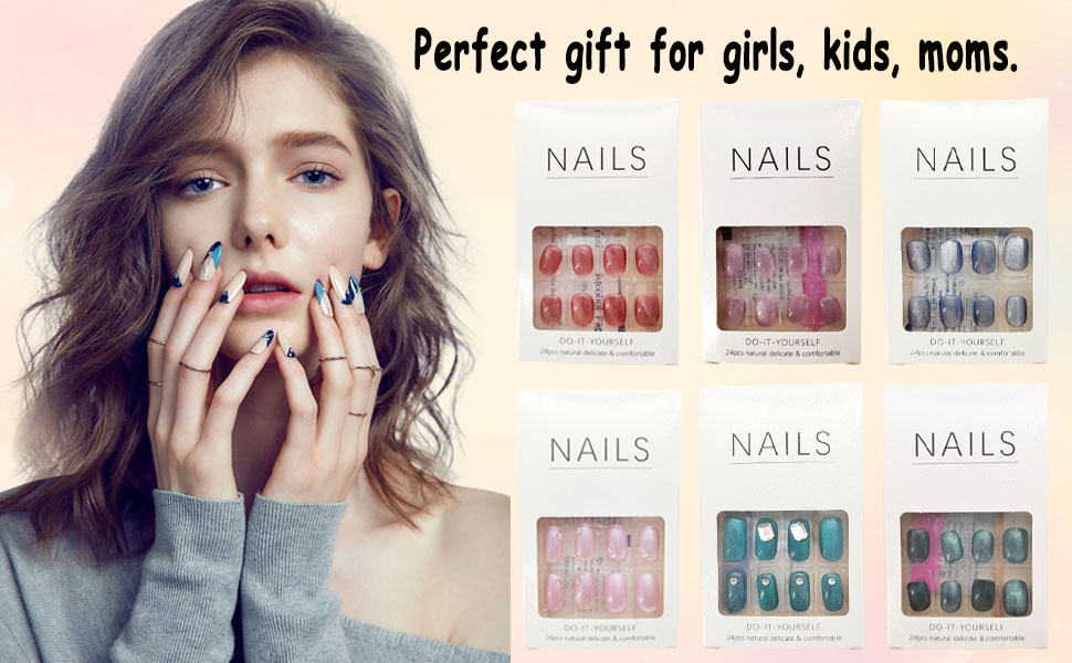 Press on Nails Short Cat Eye Fake Nails Square False Nails